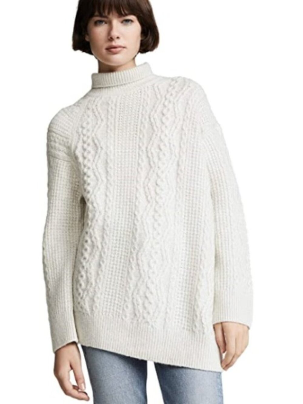Vince Merino Wool Cashmere Blend Diagonal Cable Knit Turtleneck Sweater